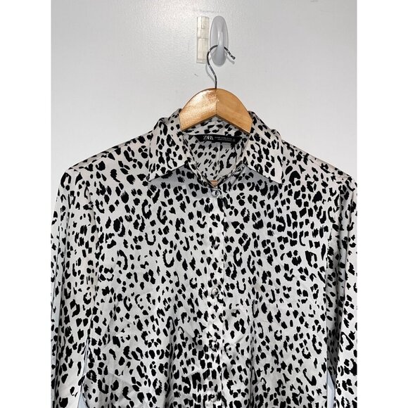 Zara Black & White Leopard Print Button-Up Long Sleeve Lightweight Women Blouse - Picture 2 of 10